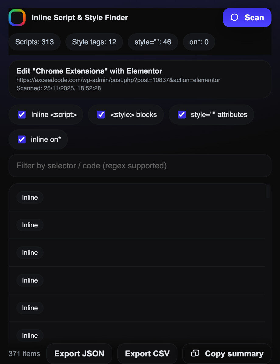 Inline Script & Style Finder UI